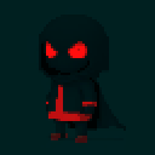 short black cloaked character with red eyes