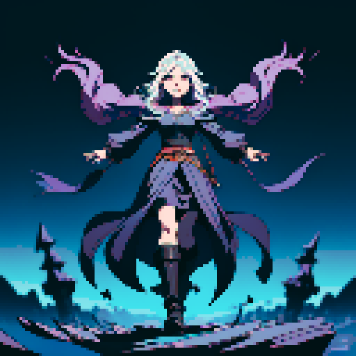 full-body image, sorceress facing right, sorceress ready to fight, evil sorceress, floating, arms out, magic circles, magic power, spell, evil sorceress, evil witch, magic symbols, ultimecia, final fantasy, sRGB, pixel art, evil outfit