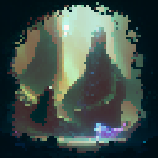 Medusa, with serpents for hair, slithering through a mossy dungeon with glowing, magical crystals illuminating her path, searching for her next victim