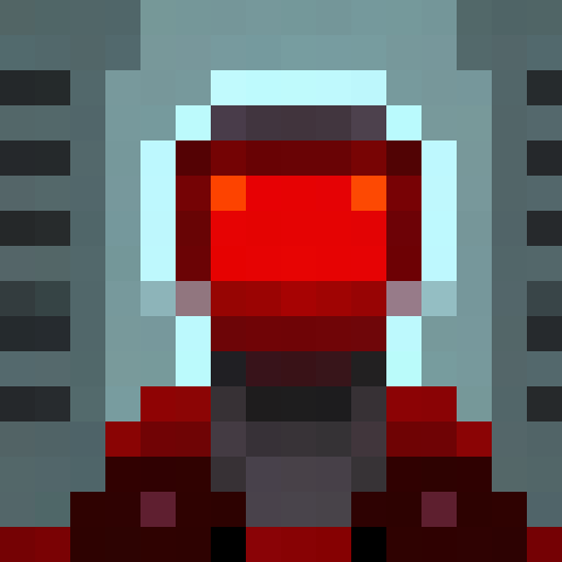 Rust-covered robot standing in a neon-lit alleyway, staring menacingly at the viewer with a single glowing red eye.