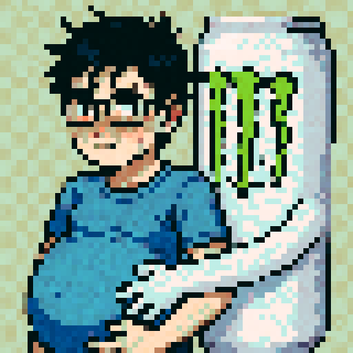 Black hair man with glasses, blushing, man pregnant anime style, White Monster Can wrapping arms around him, sRGB, pixel art