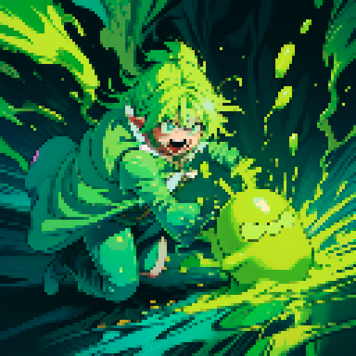 slime surging up around someone, slime engulfing a hero, slime consuming a hero, hero getting engulfed by slime, slime attack, dynamic, slime slamming into someone, impact, splashing slime, full-body image, full-body art