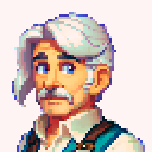 A Stardew valley style portrait for an NPC store owner character from the chest up. He is an older man with white hair in a ponytail,a navy and white aproned outfit, and brown eyes.