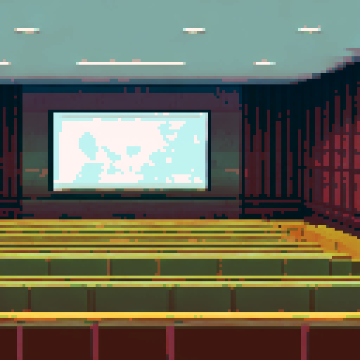 Cozy, subtle-colored landscape of a big, classy lecture hall in pixel art style with sRGB colors, showcasing the background and landscape
