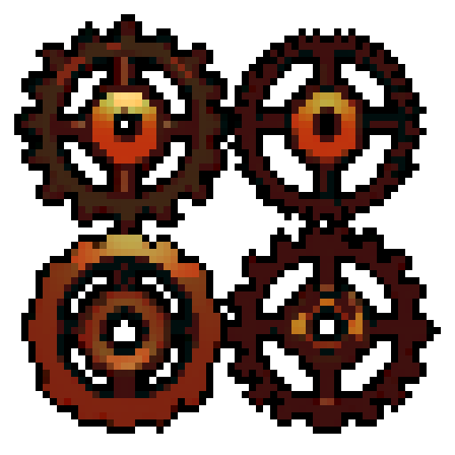five small rusty copper gears, all different. Usable as assets (clear, thick lines and a solid color background)