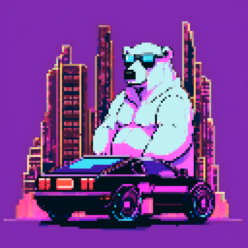 
"An 8-bit pixel art of a polar bear sitting in the driver’s seat of a luxury sports car. The bear is decked out with gold chains, oversized sunglasses, and a snapback hat, exuding a flashy crypto mogul vibe. Inside the car, a glowing high-tech dashboard displays cryptocurrency charts and wallet balances. The car speeds through a neon-lit cityscape filled with crypto-themed billboards and holographic ads, emphasizing the bear’s high-tech and lavish lifestyle."