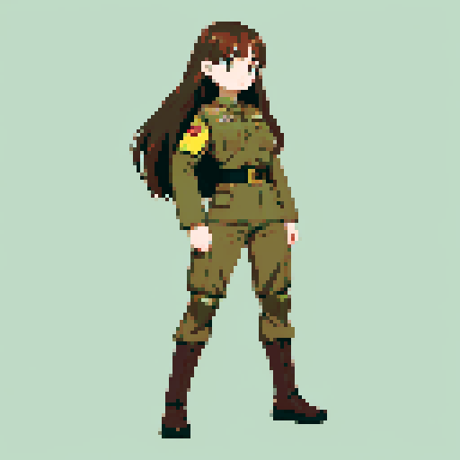 young girl, large round eyes, brown hair, brown eyes, wearing combat army uniform, a full-body standing pose, clean and detailed, centered composition, beautiful girl, long flowing hair, detailed eyes, slim figure, soft smile, round face, like Japanese anime