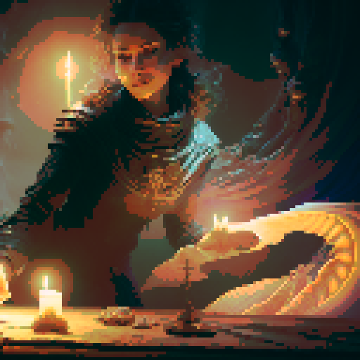 A close-up of a woman's hands over a table during a tarot card reading in a medieval dark style. The table is adorned with elements of the ocean such as sea shells, sand, and small pieces of coral. The atmosphere is mystical and dimly lit, with candlelight casting shadows that enhance the eerie and magical mood.