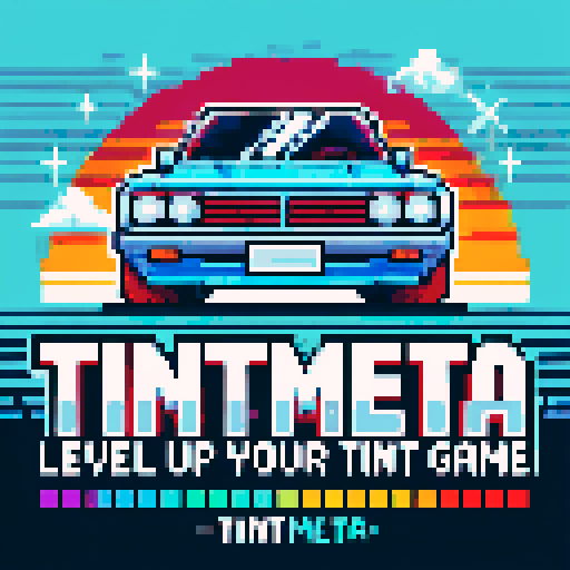 TintMeta Logo in boxy video game pixels, pixelated car driving through a vibrant 90s color palette