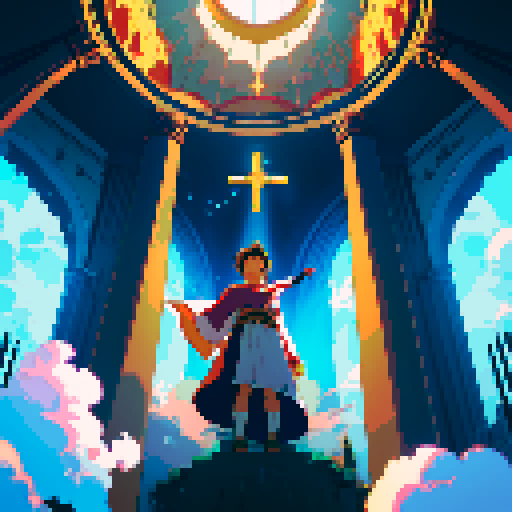 Hero slowly floats down from the sky inside a beam of holy light.