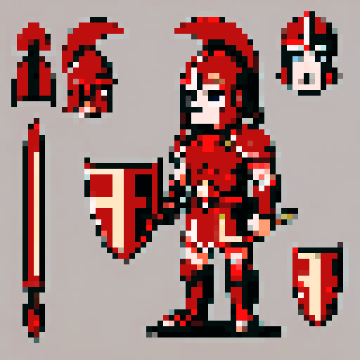 greek hoplite in copper armor, shield, corinthian helmet without plume, red tunic, red-edged sandals, long spear, 32x32 sprite style, pixel art