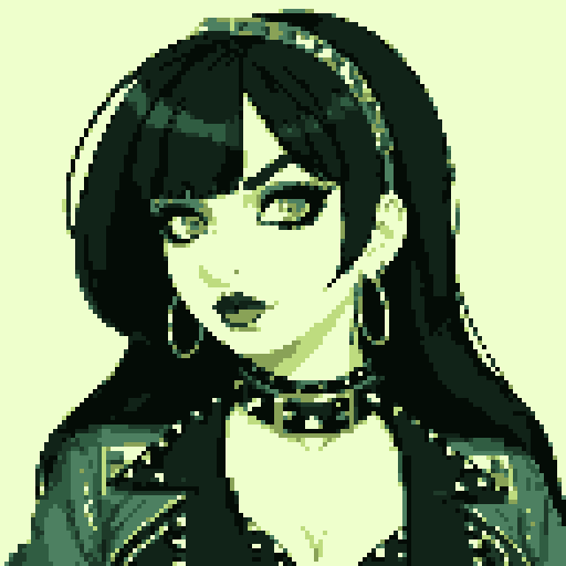 curvy, busty goth girls face, whole head portrait, black hair, purple eyeshadow, red lipstick, purple bikini, studded collar, vibrant srgb colors, edgy aesthetic. 16 bit, anime style
