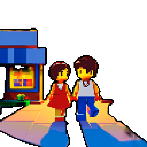 On a summer evening, under the setting sun, the breeze blew the leaves and fell. A cute girl with short hair held the hand of a boy. They were about to enter the store. The store's logo said Lego.