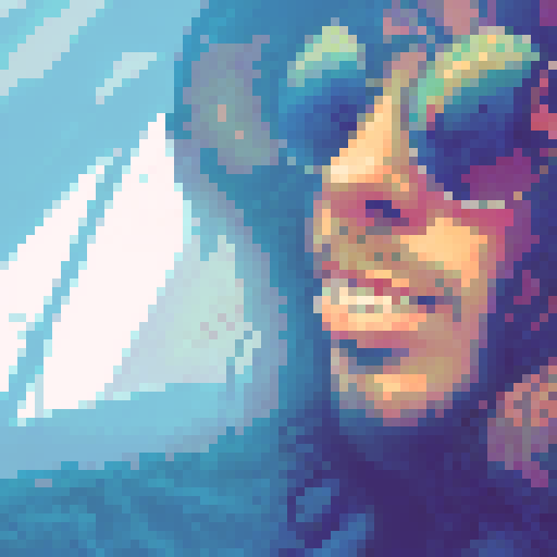 long-haired, eccentric, artistic man with vibrant, neon-colored locks, wearing retro, round sunglasses, against a pixelated, sRGB background depicting a surreal, dreamlike landscape