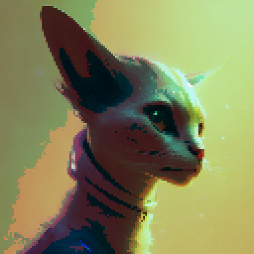 "Extraterrestrial feline with six spindly legs, rendered in a retro-futuristic style, lounging atop a floating metallic orb amidst a starry void."