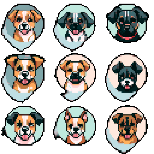 clean pixel art, 9 circles containing dog faces