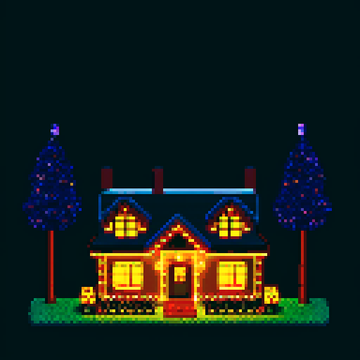 house with lights on near forest, night