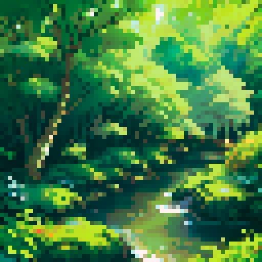 large, detailed, top-down view of a lush, enchanted forest with towering, ancient trees, vibrant foliage in various shades of green, sparkling sunlight streaming through the canopy, meandering rivers and creeks, serene, tranquil atmosphere with soft, pastel color palette, intricate pixel art details bringing the flora and fauna to life