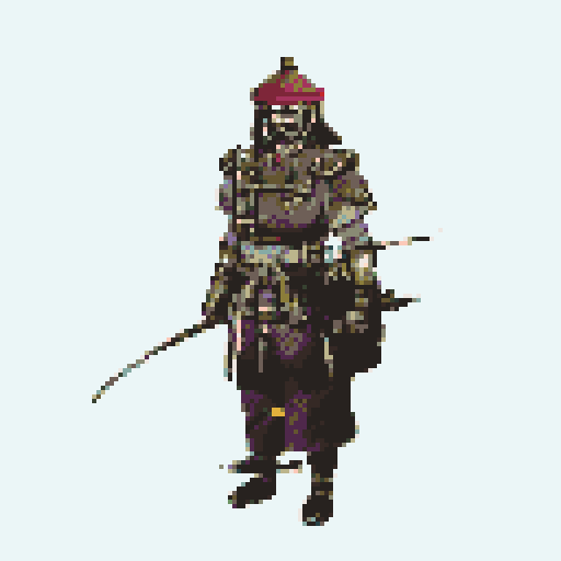 historically accurate muromachi samurai in traditional armor, roguelike rpg full-body sprite