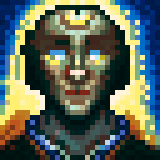Cool, pixelated close-up portrait of a skillful game icon in vibrant sRGB colors