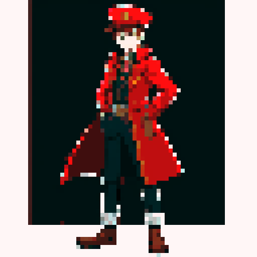 steampunk young man, red coat, red hat, 2D game stance, pixel art, sRGB, full body