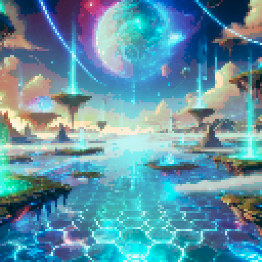 A surreal, alien battlefield with a glowing crystalline floor. Floating islands, alien plants, and cosmic energy streams frame the environment, evoking the birth of a new world.
