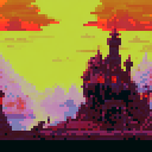 apocalyptic village on fire, burning houses, raging flames, smoke-filled sky, charred debris, crumbling buildings, panicking villagers, fleeing figures, ominous dark clouds, glowing embers, sparks flying, orange and red hues, pixelated landscape, sRGB color palette, pixel art style; 16:9 ratio