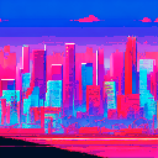 Futuristic Denver cityscape with vibrant graffiti, sRGB colors, pixel art style, featuring a sprawling background landscape