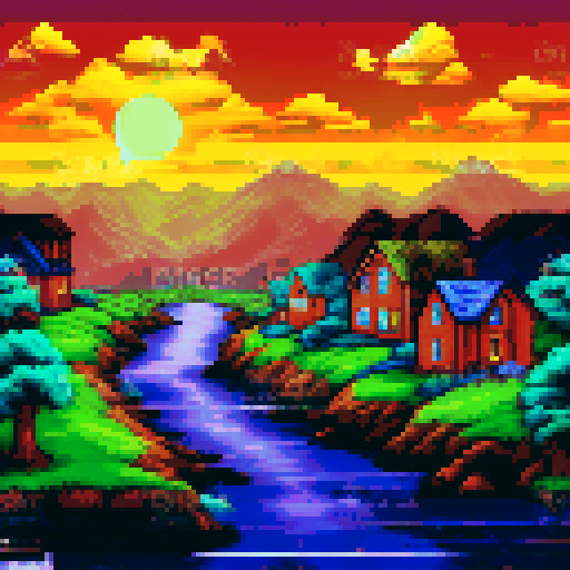 night, pastoral village with multiple houses, one has lights on inside 