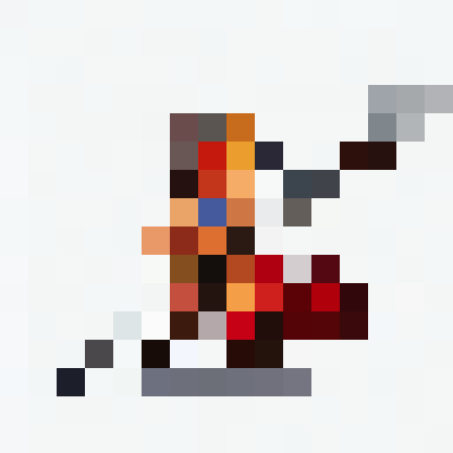 Flaming lance held high, fierce hero charges forward with determined eyes, surrounded by vibrant flames, in 16x16 pixel art style for a game icon close-up portrait