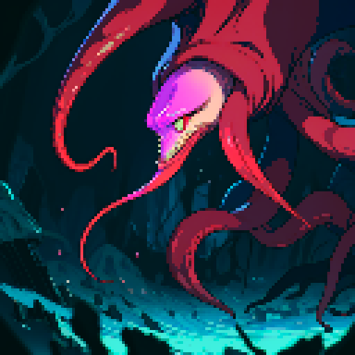 eldritch being, tentacles writhing, full body floating, brain pulsating, many eyes staring, eyeballs bulging, no humans, monsyer, sRGB pixel art
