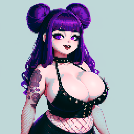 Nude portrait of thicc, curvy, and busty goth babe with studded collar, ahegao face, long purple hair in buns, fishnet stockings, halter top, sRGB color
