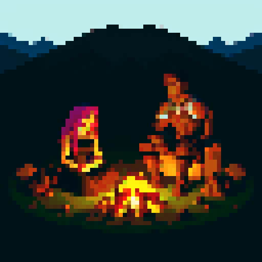 human warrior sitting around a fire with his gorgeous succubus wife  in the middle of an open field at night, 2 horses one black one white, full moon in the dark sky
