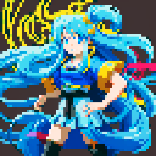 anime girl with long, flowing hair, bright blue eyes, and a mischievous smile, standing proudly in a revealing school unifor, with a 16 bit style that pops against the sRGB color palette