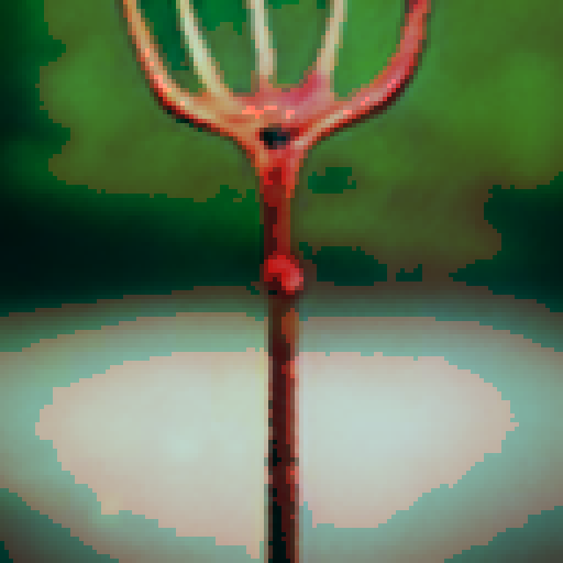 fleshy creature with thorny iron crown, hovering above ground, tuning forks for hands and feet, pixel art, sRGB