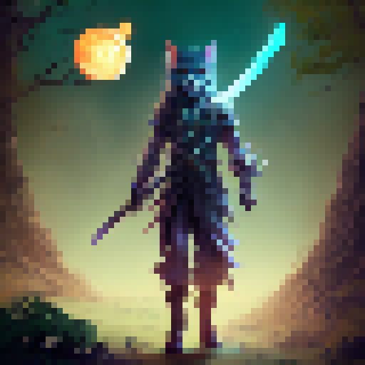 Catboy, wielding a glowing sword, battles a horde of shadowy beasts within a mystical forest, surrounded by towering trees and flickering orbs of magic.