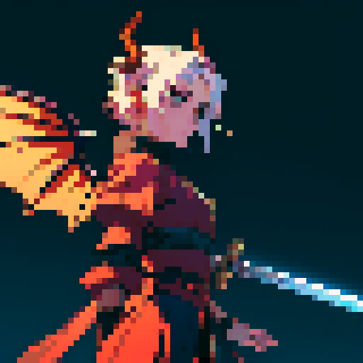 one winged demon, sexy male, horns, sword, sRGB, pixel art