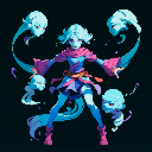 full-body art of a girl with four arms and blue skin, facing to the right, ready to fight, swirling magic around her, floating, four eyes