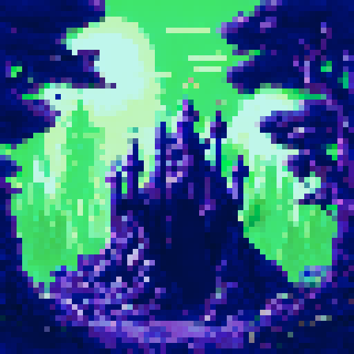 eerie, mist-covered trees, silhouetted against a dark night sky, pixel art, background, landscape