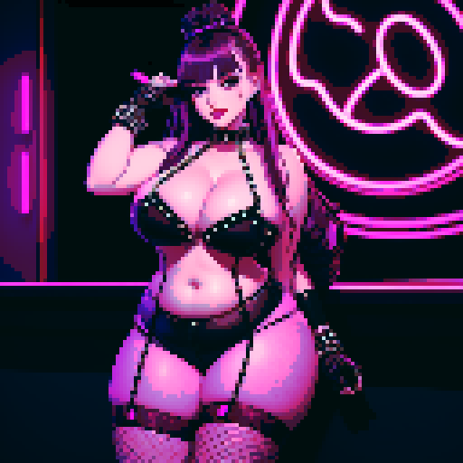 Thicc, curvy, busty goth babe with studded collar, long purple hair in buns, fishnet stockings, studded halter top, posing for photo in nightclub.  neon signage, sRGB