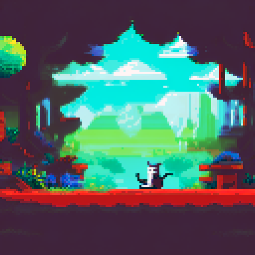 Bushy-bearded programmer furiously typing at desk with black-and-white cat lounging atop computer tower amidst a retro game-style, pixelated landscape with vibrant sRGB colors