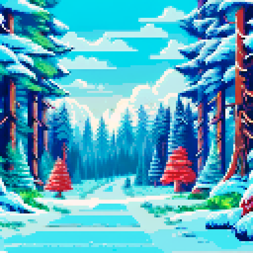 snow covered winter forest, tall spruce trees, clearing, quaint cottage, warm light, windows, snowy ground, sRGB, pixel art, background, landscape