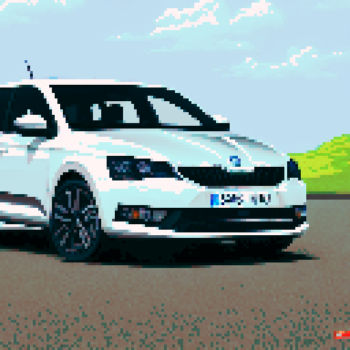 Photorealistic whole Skoda Rapid, centered, three-quarter view, right front wheel, clean background, sRGB colors, pixel art style