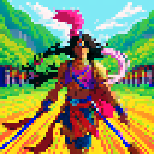 Arjuna, fierce warrior, with flowing hair, holding a bow, standing tall, in vibrant pixelated glory, surrounded by vivid colors, radiating energy