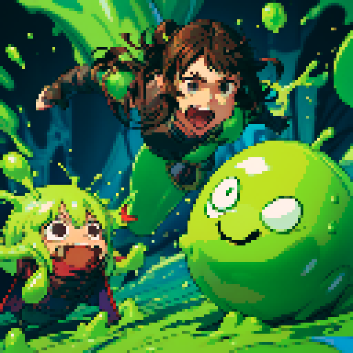 slime surging up around someone, slime engulfing a hero, slime consuming a hero, hero getting engulfed by slime, slime attack, dynamic, slime slamming into someone, impact, splashing slime, full-body image, full-body art, metal armor, brown hair