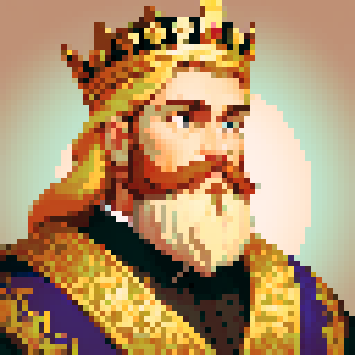 king, regal, crown, majestic, stoic expression, sharp features, royal robe, intricate embroidery, game icon, sRGB, skill art, close up, portrait, detailed beard, blonde, pixel art, sRGB
