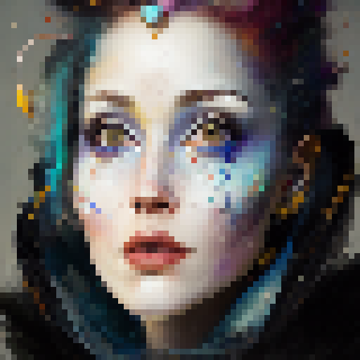 Colorful and whimsical, with exaggerated features and surreal elements. 

Painted face, top hat, bowtie, floating balloons, circus tent, flamboyant circus performer.