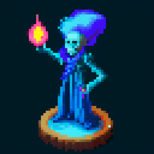Pixelated skeleton wizard with glowing blue eyes, casting a spell with bony fingers, surrounded by swirling purple smoke
