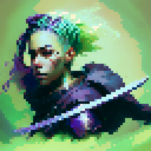 female warrior, vibrant green hair with braids, large sword, fantasy RPG