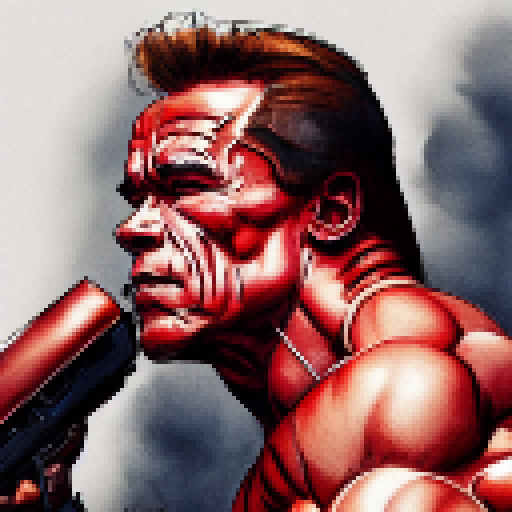 Muscular, shirtless Arnold Schwarzenegger wields a massive machine gun while standing in the center of a fiery explosion, rendered in a bold, comic book style.